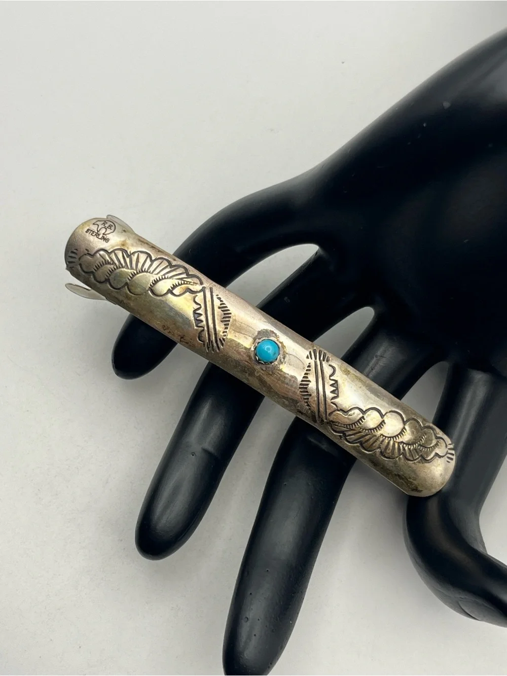 Navajo RB Vintage Sterling Silver & Turquoise Native American Hair Barrette Clip